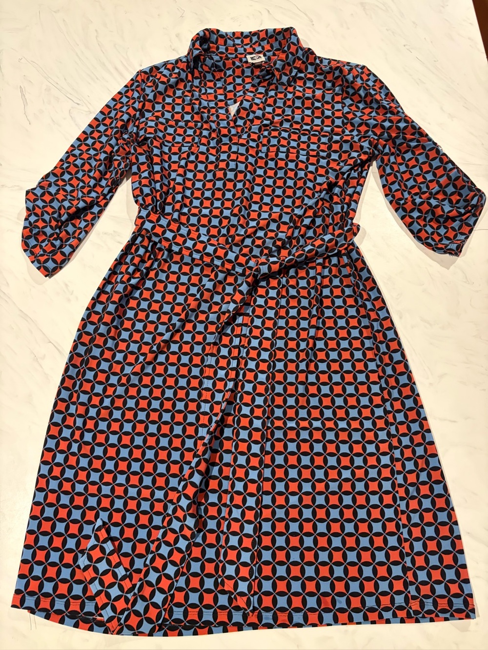 AK Anne Klein shirt wrap dress v neck collar l geometric print diamond tie